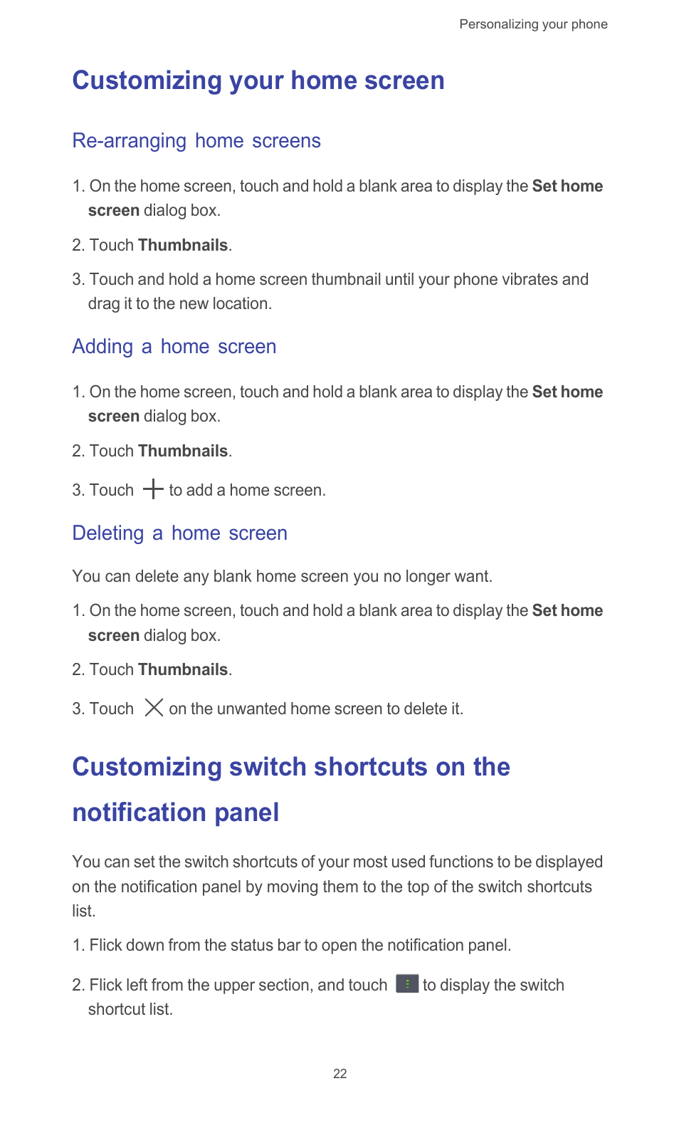 Customizing your home screen, Re-arranging home screens, Adding a home screen | Deleting a home screen | Huawei Ascend G510 User Guide User Manual | Page 27 / 93