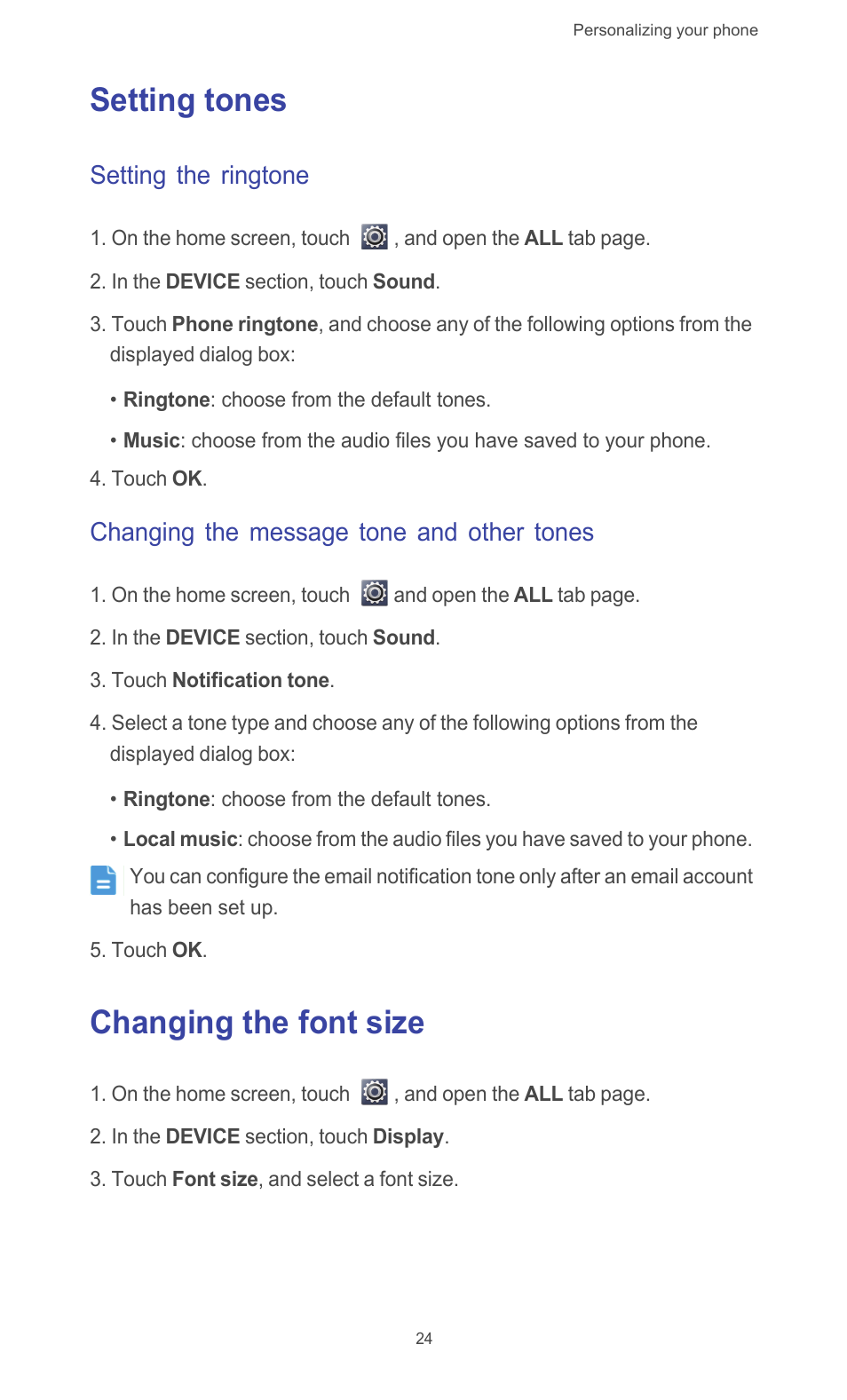 Setting tones, Setting the ringtone, Changing the message tone and other tones | Changing the font size, Setting tones changing the font size | Huawei Ascend G510 User Guide User Manual | Page 29 / 93