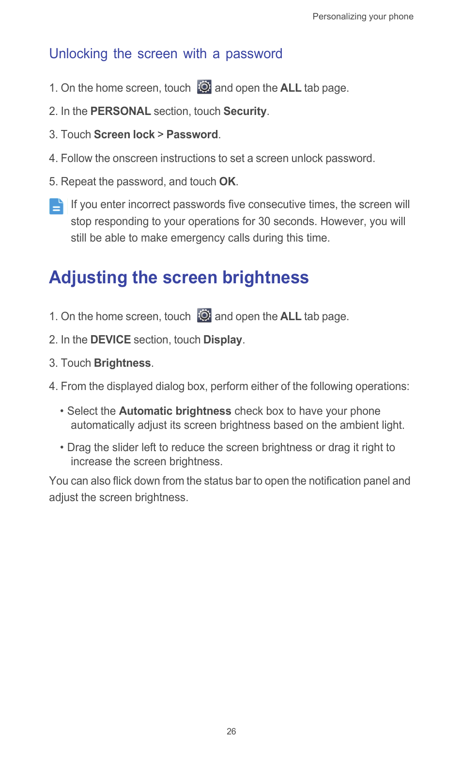 Unlocking the screen with a password, Adjusting the screen brightness | Huawei Ascend G510 User Guide User Manual | Page 31 / 93