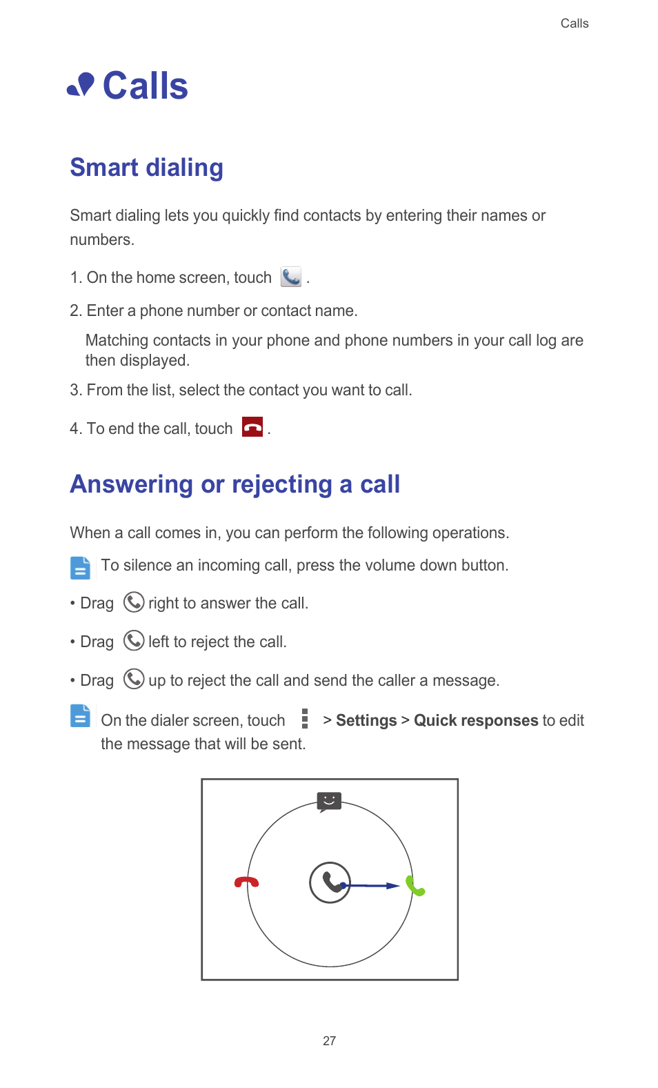 Calls, Smart dialing, Answering or rejecting a call | Smart dialing answering or rejecting a call | Huawei Ascend G510 User Guide User Manual | Page 32 / 93