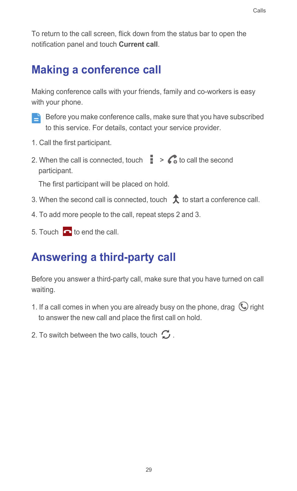 Making a conference call, Answering a third-party call | Huawei Ascend G510 User Guide User Manual | Page 34 / 93