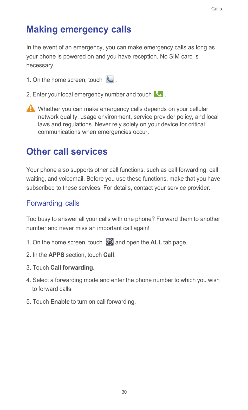 Making emergency calls, Other call services, Forwarding calls | Making emergency calls other call services | Huawei Ascend G510 User Guide User Manual | Page 35 / 93