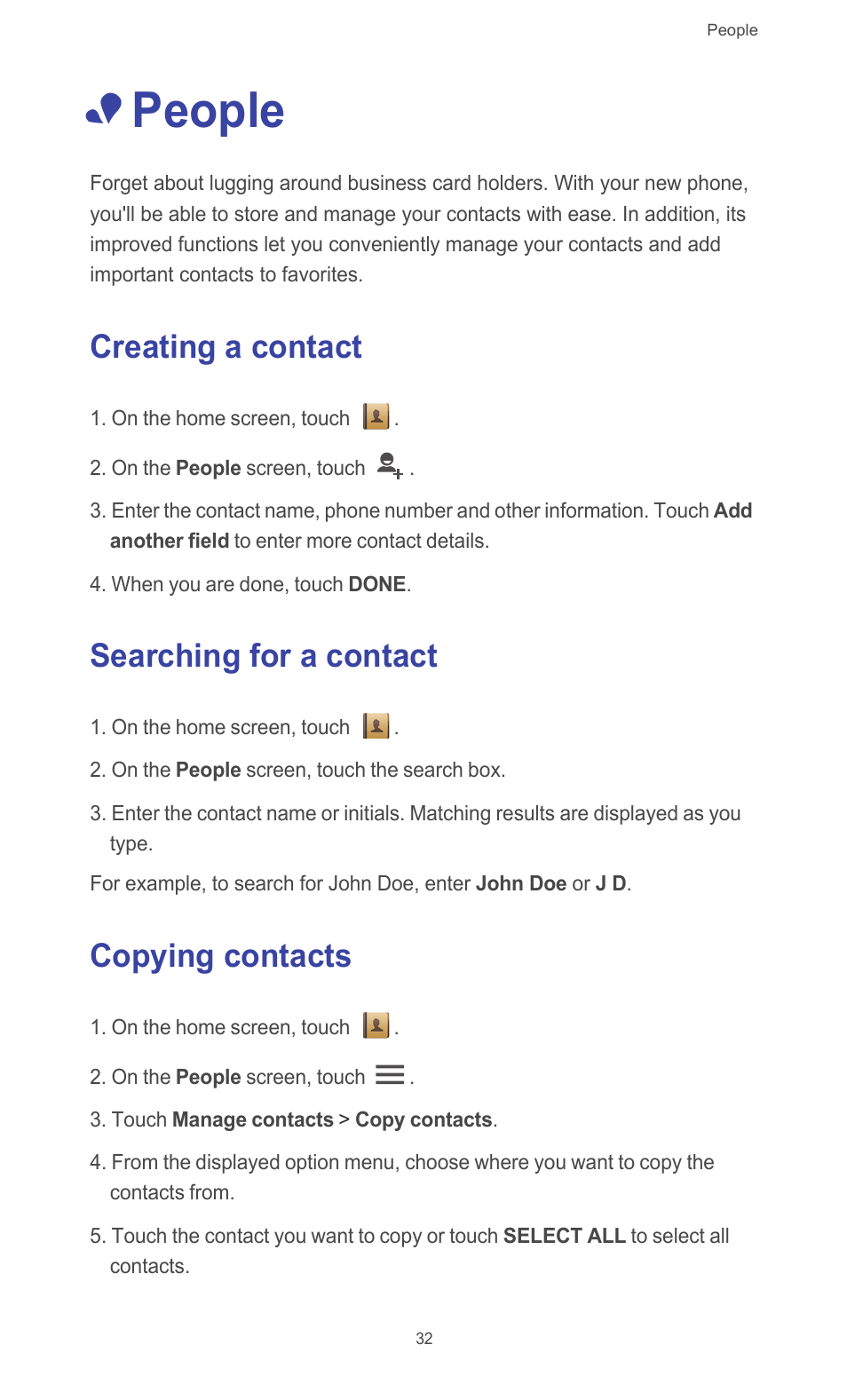 People, Creating a contact, Searching for a contact | Copying contacts | Huawei Ascend G510 User Guide User Manual | Page 37 / 93