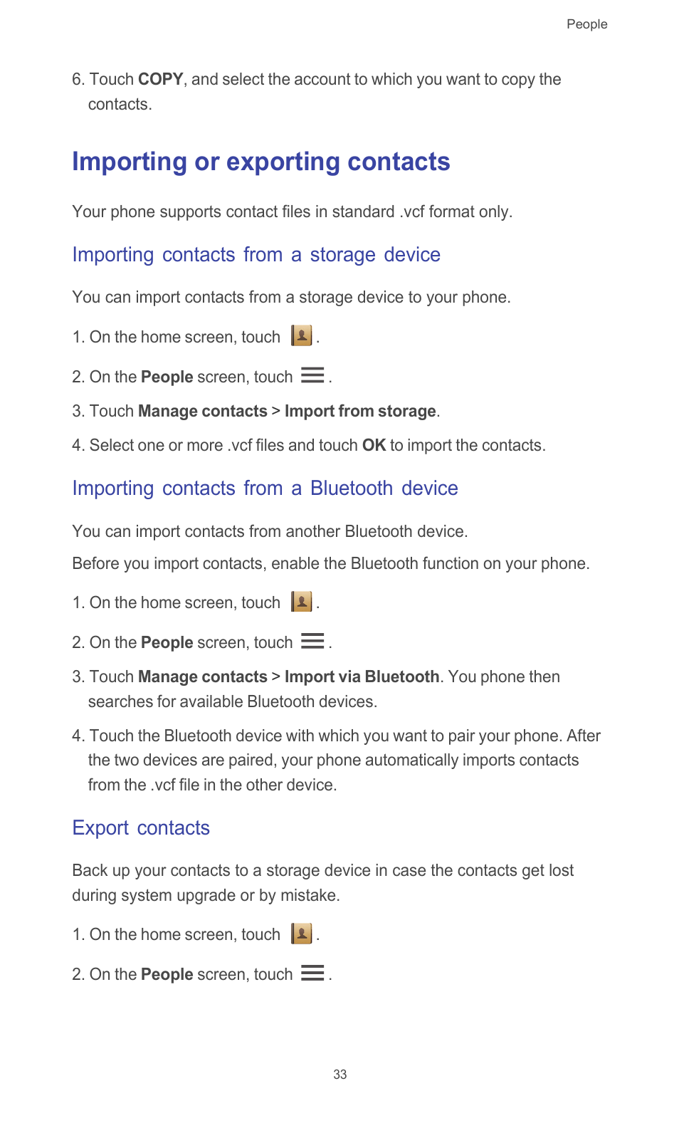 Importing or exporting contacts, Importing contacts from a storage device, Importing contacts from a bluetooth device | Export contacts | Huawei Ascend G510 User Guide User Manual | Page 38 / 93