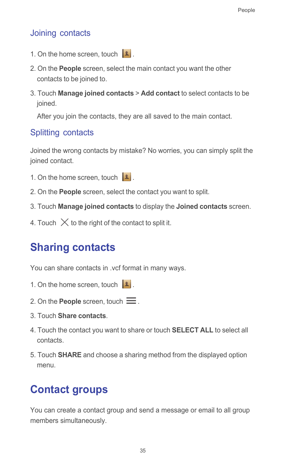 Joining contacts, Splitting contacts, Sharing contacts | Contact groups, Sharing contacts contact groups | Huawei Ascend G510 User Guide User Manual | Page 40 / 93