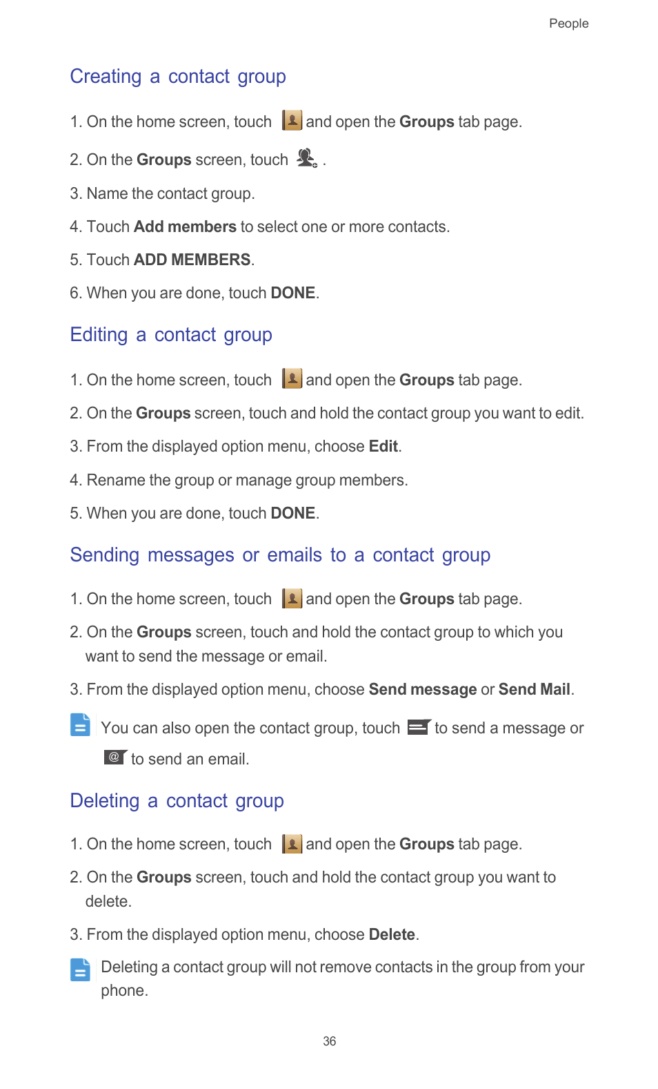 Creating a contact group, Editing a contact group, Sending messages or emails to a contact group | Deleting a contact group | Huawei Ascend G510 User Guide User Manual | Page 41 / 93