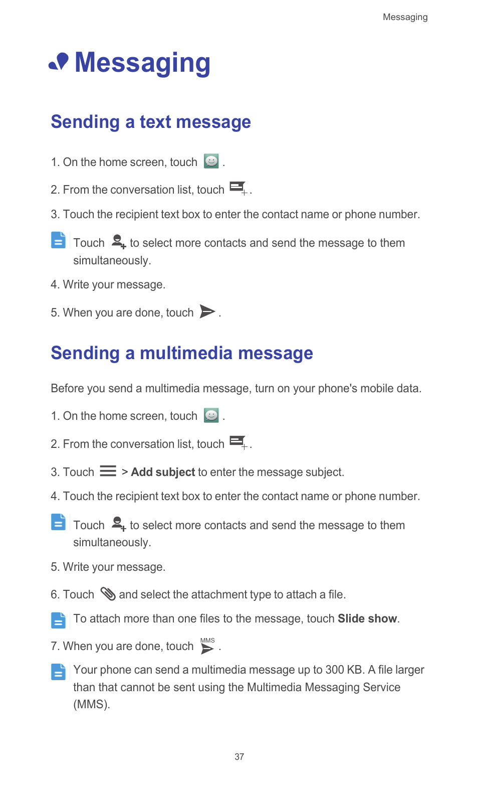 Messaging, Sending a text message, Sending a multimedia message | Huawei Ascend G510 User Guide User Manual | Page 42 / 93