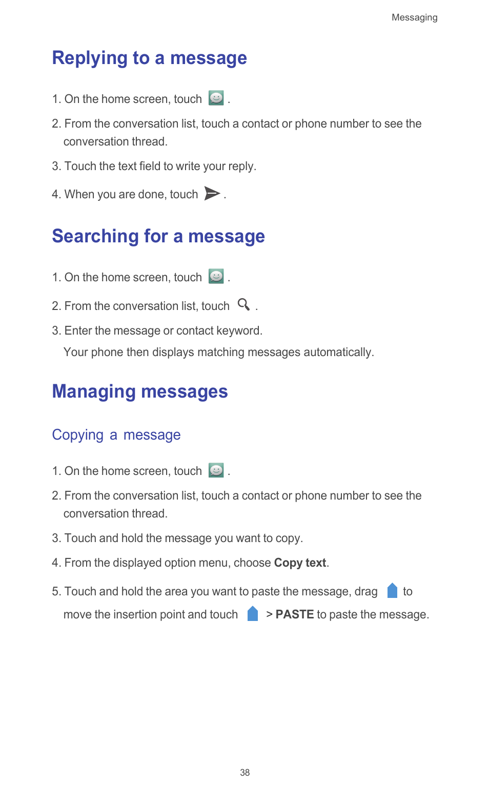 Replying to a message, Searching for a message, Managing messages | Copying a message | Huawei Ascend G510 User Guide User Manual | Page 43 / 93