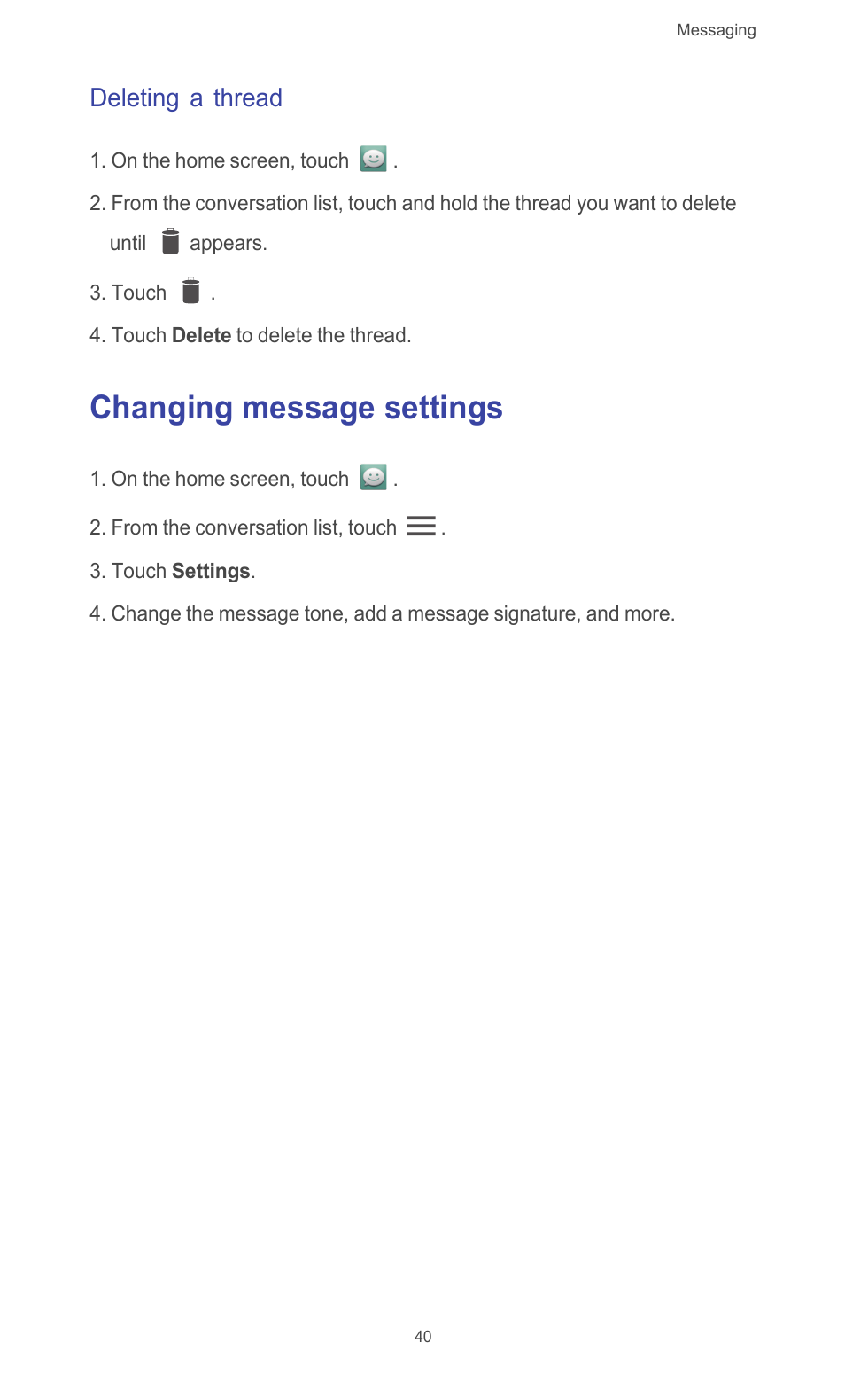 Deleting a thread, Changing message settings | Huawei Ascend G510 User Guide User Manual | Page 45 / 93