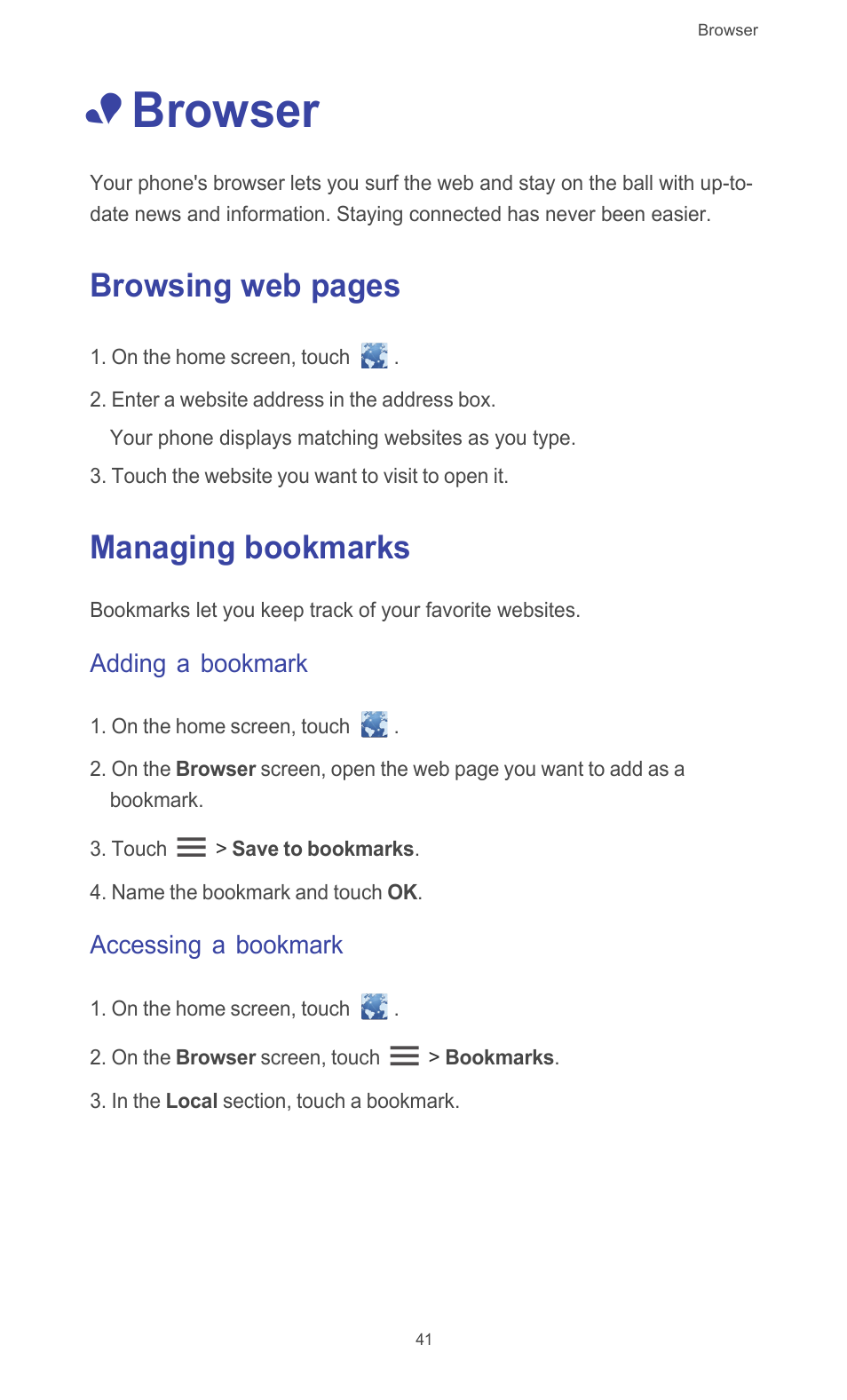 Browser, Managing bookmarks, Adding a bookmark | Accessing a bookmark, Browsing web pages | Huawei Ascend G510 User Guide User Manual | Page 46 / 93