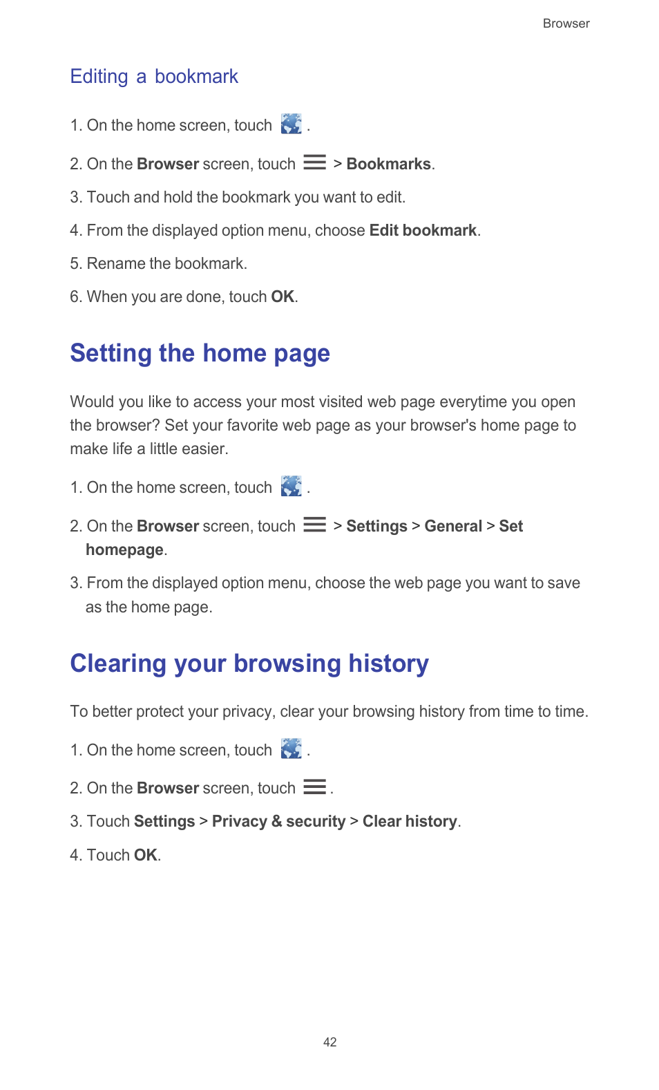 Editing a bookmark, Clearing your browsing history, Setting the home page | Huawei Ascend G510 User Guide User Manual | Page 47 / 93