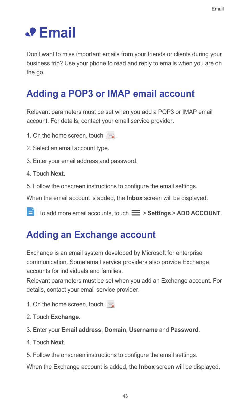 Email, Adding a pop3 or imap email account, Adding an exchange account | Huawei Ascend G510 User Guide User Manual | Page 48 / 93
