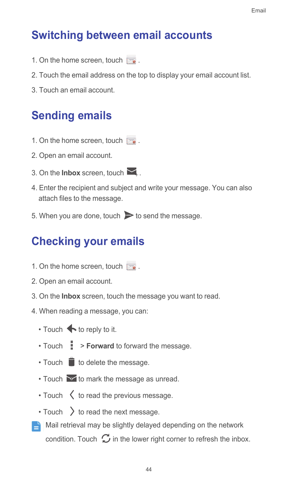 Switching between email accounts, Sending emails, Checking your emails | Huawei Ascend G510 User Guide User Manual | Page 49 / 93