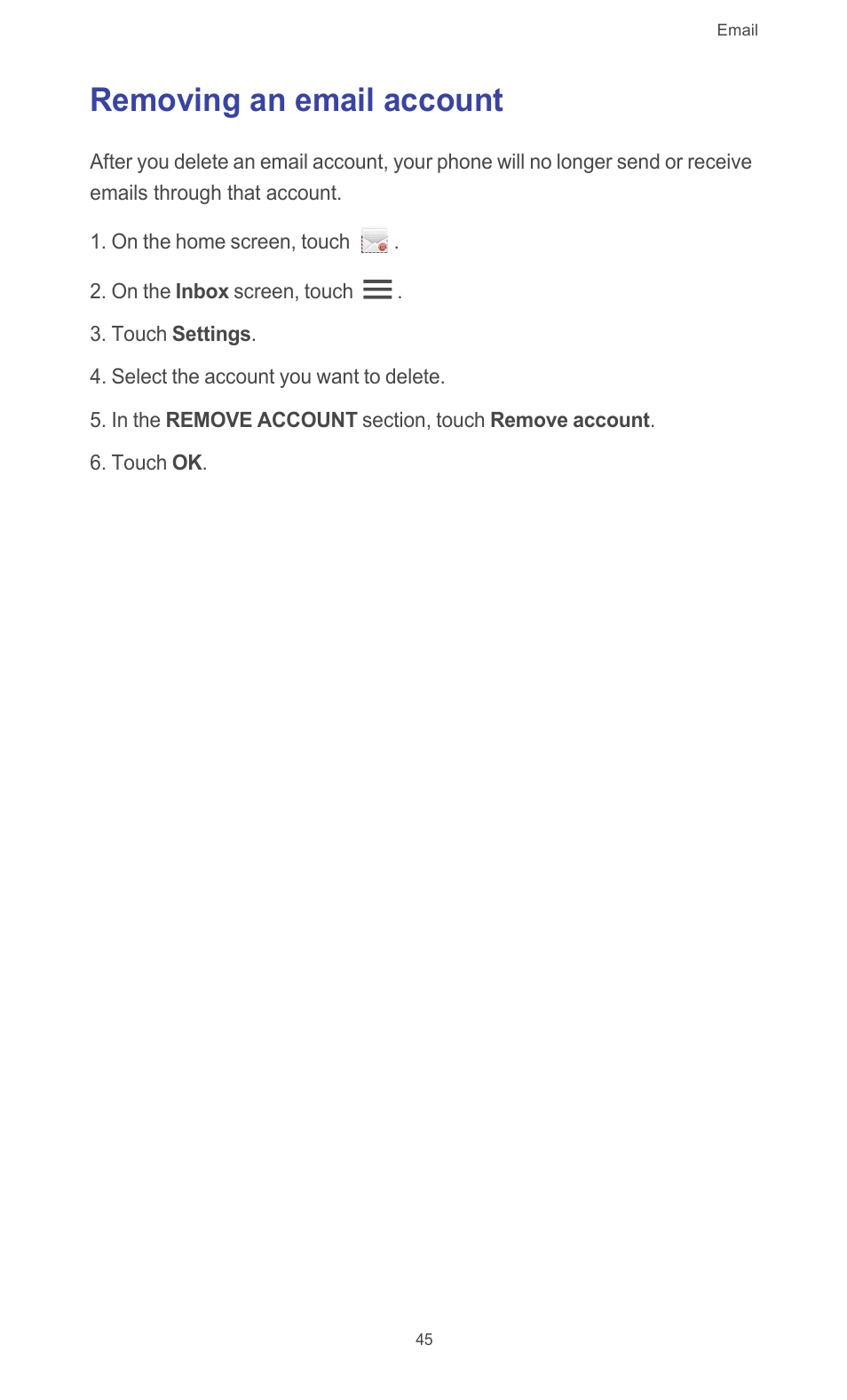 Removing an email account | Huawei Ascend G510 User Guide User Manual | Page 50 / 93