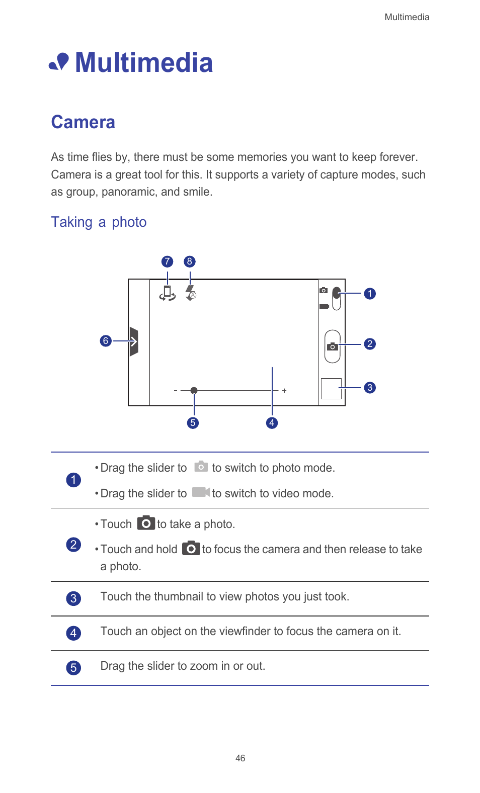 Multimedia, Camera, Taking a photo | Huawei Ascend G510 User Guide User Manual | Page 51 / 93