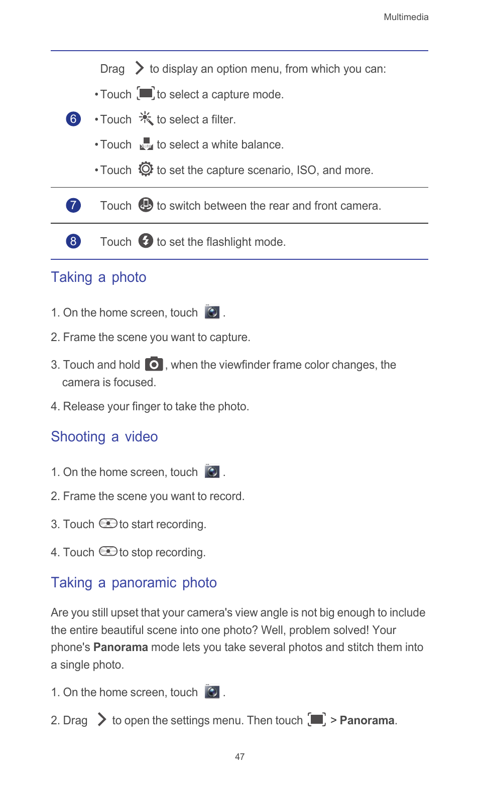 Taking a photo, Shooting a video, Taking a panoramic photo | Huawei Ascend G510 User Guide User Manual | Page 52 / 93