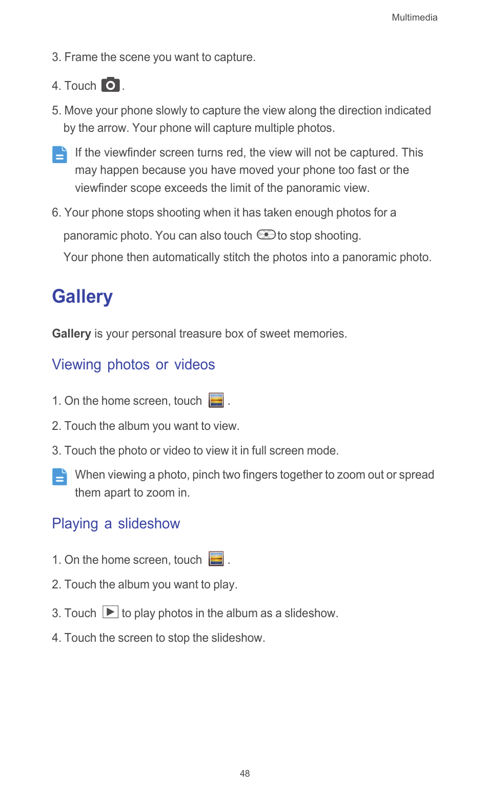 Gallery, Viewing photos or videos, Playing a slideshow | Huawei Ascend G510 User Guide User Manual | Page 53 / 93