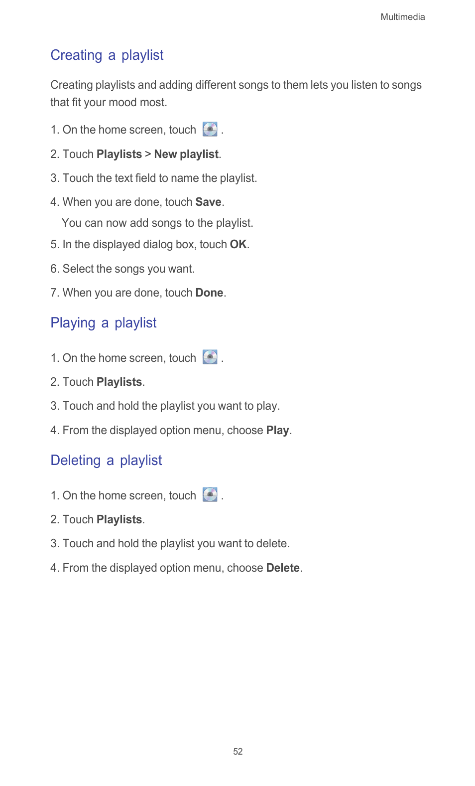 Creating a playlist, Playing a playlist, Deleting a playlist | Huawei Ascend G510 User Guide User Manual | Page 57 / 93