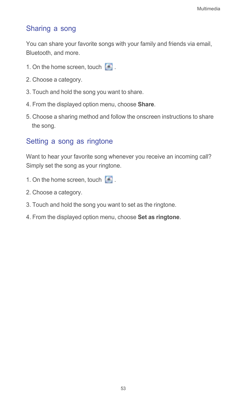 Sharing a song, Setting a song as ringtone | Huawei Ascend G510 User Guide User Manual | Page 58 / 93