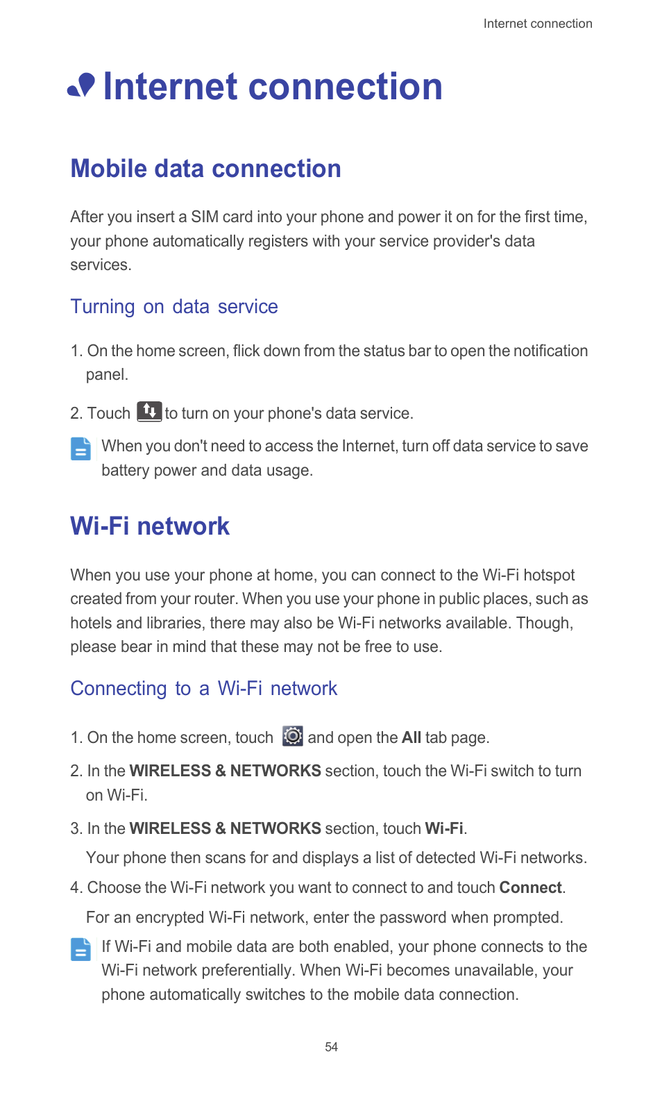 Internet connection, Mobile data connection, Turning on data service | Wi-fi network, Connecting to a wi-fi network, Mobile data connection wi-fi network | Huawei Ascend G510 User Guide User Manual | Page 59 / 93