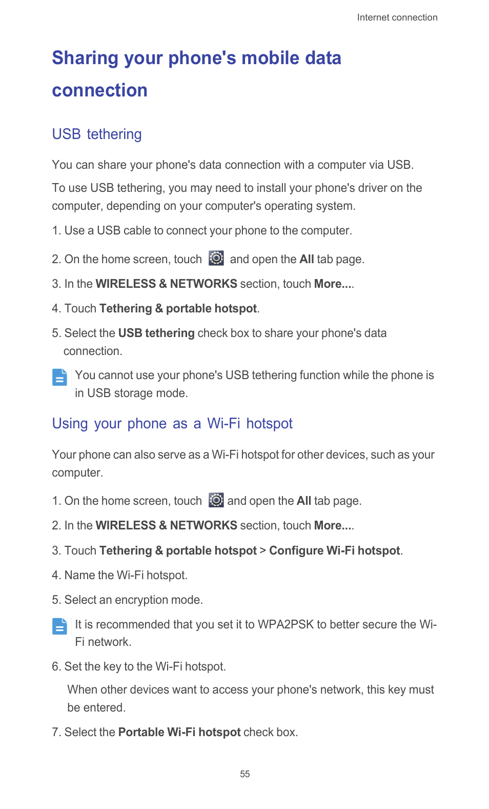 Sharing your phone's mobile data connection, Usb tethering, Using your phone as a wi-fi hotspot | Huawei Ascend G510 User Guide User Manual | Page 60 / 93