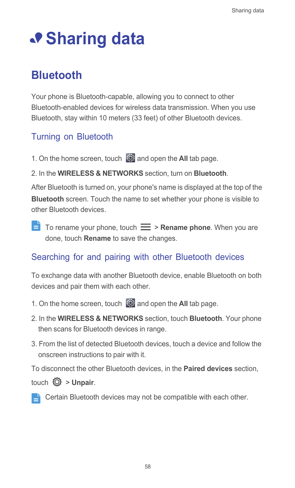 Sharing data, Bluetooth, Turning on bluetooth | Huawei Ascend G510 User Guide User Manual | Page 63 / 93