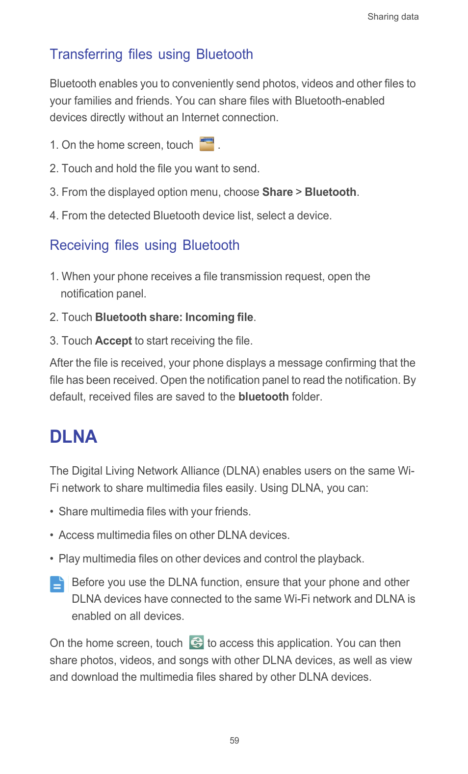 Transferring files using bluetooth, Receiving files using bluetooth, Dlna | Huawei Ascend G510 User Guide User Manual | Page 64 / 93