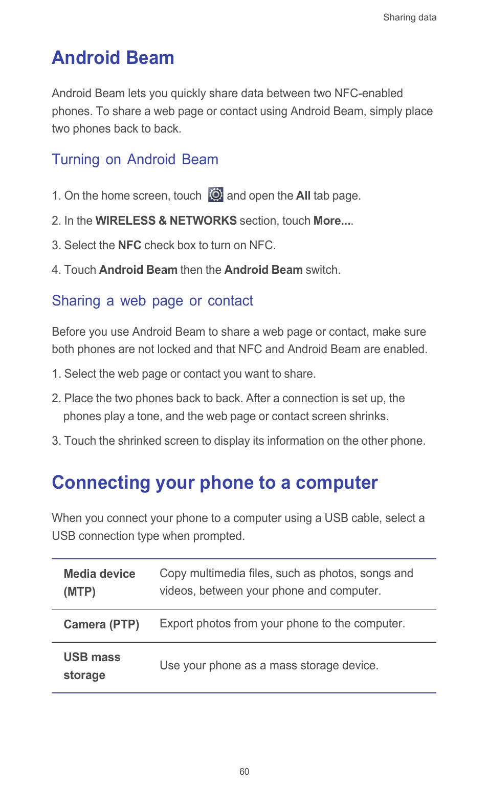 Android beam, Turning on android beam, Connecting your phone to a computer | Android beam connecting your phone to a computer, Sharing a web page or contact | Huawei Ascend G510 User Guide User Manual | Page 65 / 93