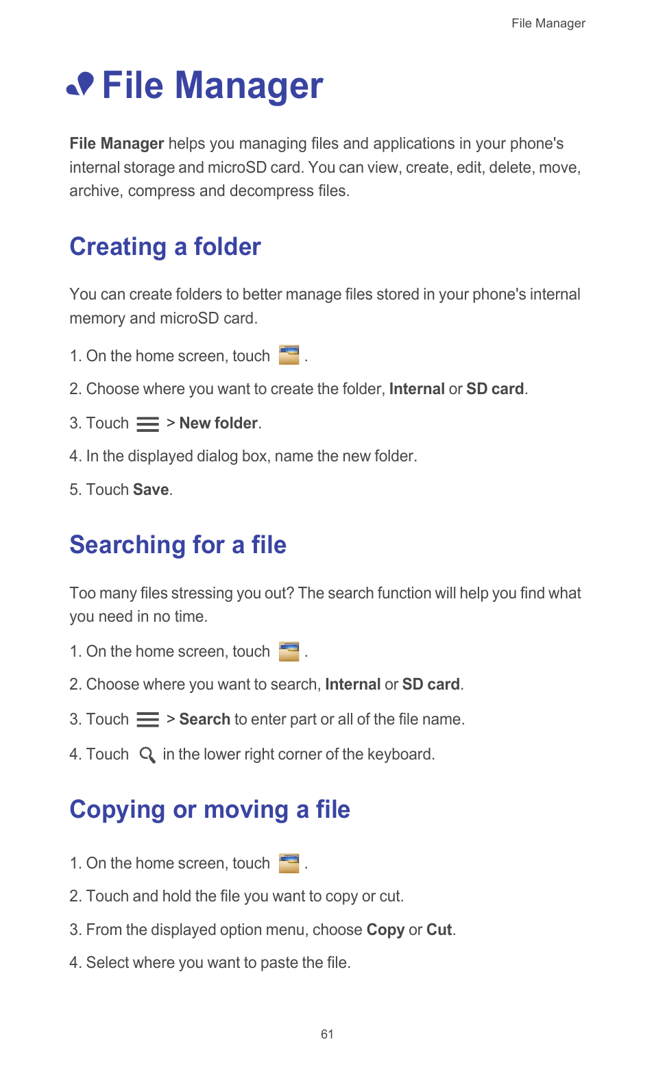 File manager, Creating a folder, Searching for a file | Copying or moving a file | Huawei Ascend G510 User Guide User Manual | Page 66 / 93