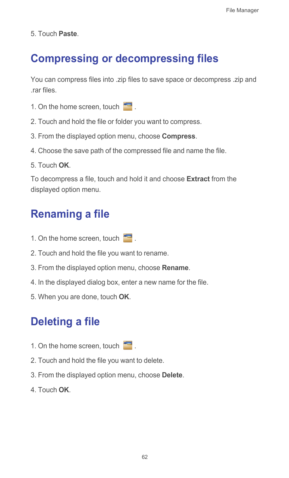 Compressing or decompressing files, Renaming a file, Deleting a file | Huawei Ascend G510 User Guide User Manual | Page 67 / 93