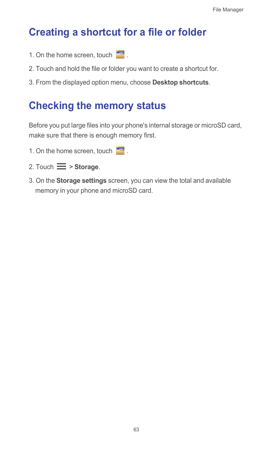 Creating a shortcut for a file or folder, Checking the memory status | Huawei Ascend G510 User Guide User Manual | Page 68 / 93