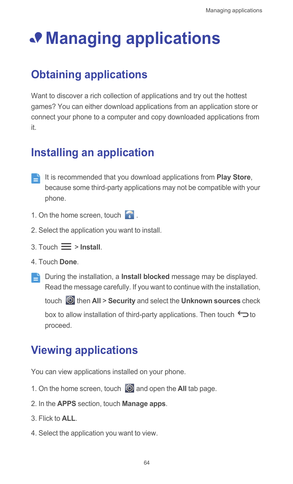 Managing applications, Obtaining applications, Installing an application | Viewing applications | Huawei Ascend G510 User Guide User Manual | Page 69 / 93