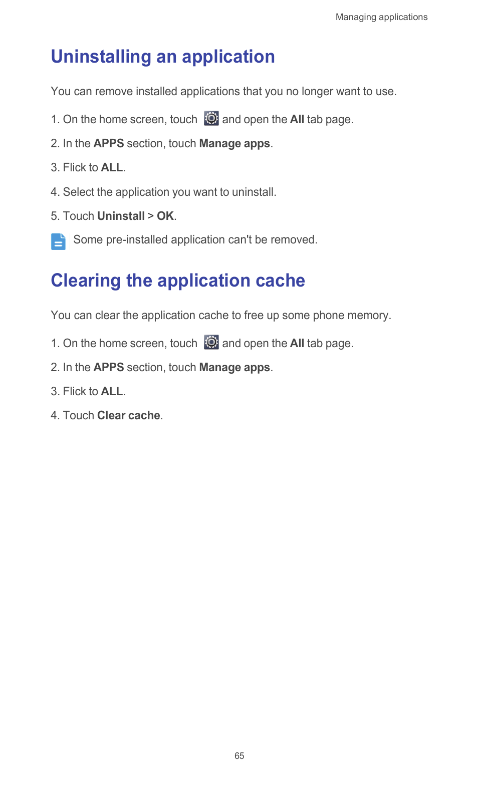 Uninstalling an application, Clearing the application cache | Huawei Ascend G510 User Guide User Manual | Page 70 / 93