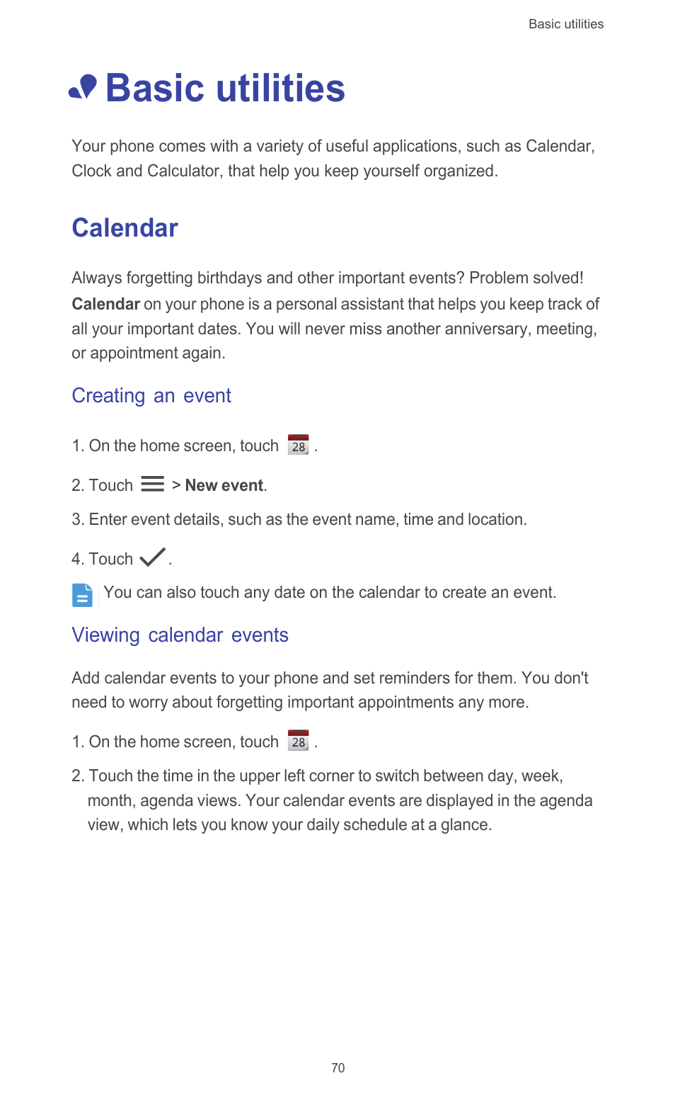 Basic utilities, Calendar, Creating an event | Viewing calendar events | Huawei Ascend G510 User Guide User Manual | Page 75 / 93