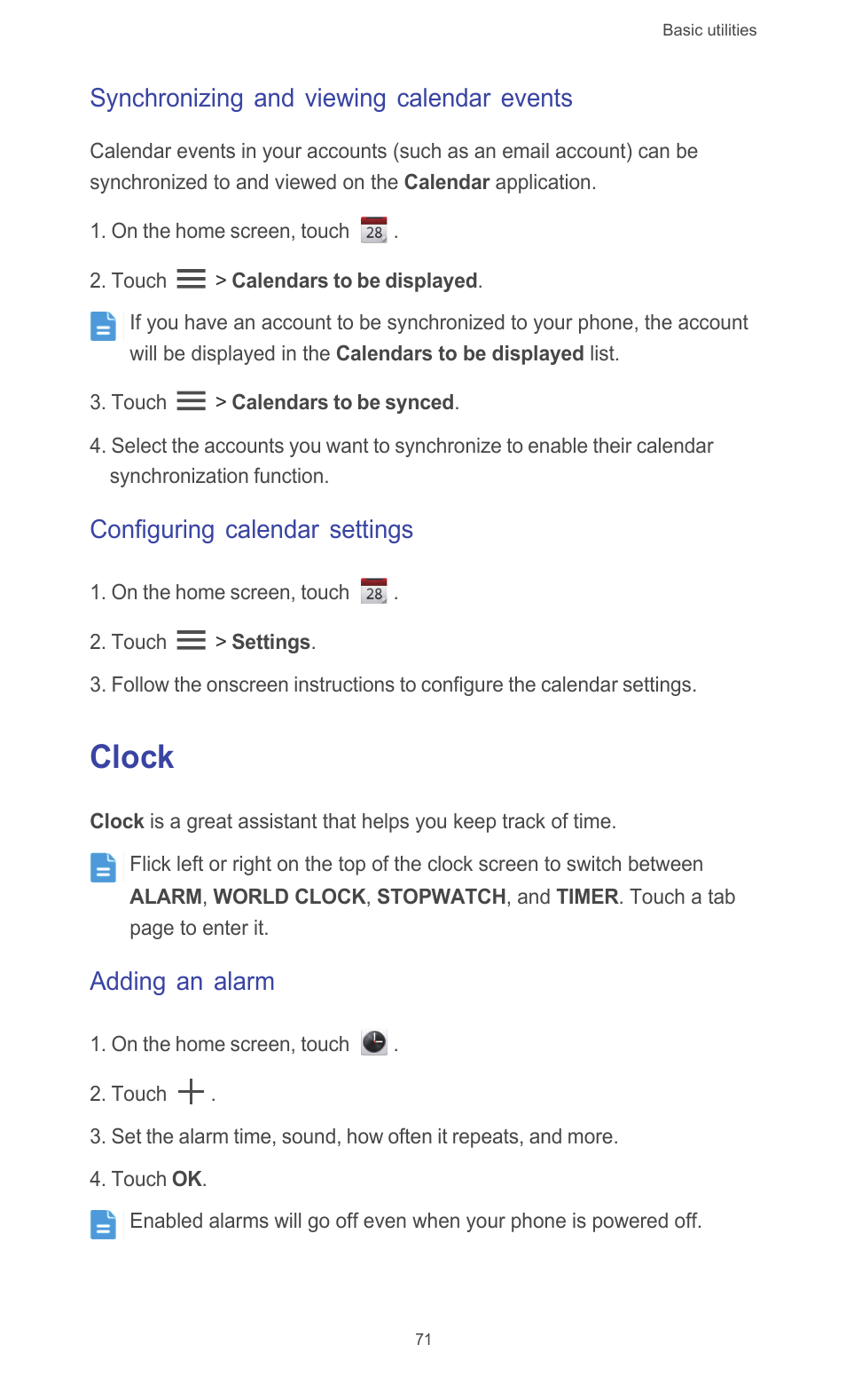 Synchronizing and viewing calendar events, Configuring calendar settings, Clock | Adding an alarm | Huawei Ascend G510 User Guide User Manual | Page 76 / 93