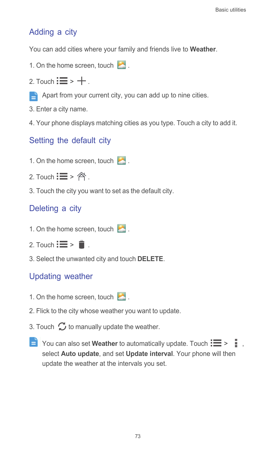 Adding a city, Setting the default city, Deleting a city | Updating weather | Huawei Ascend G510 User Guide User Manual | Page 78 / 93