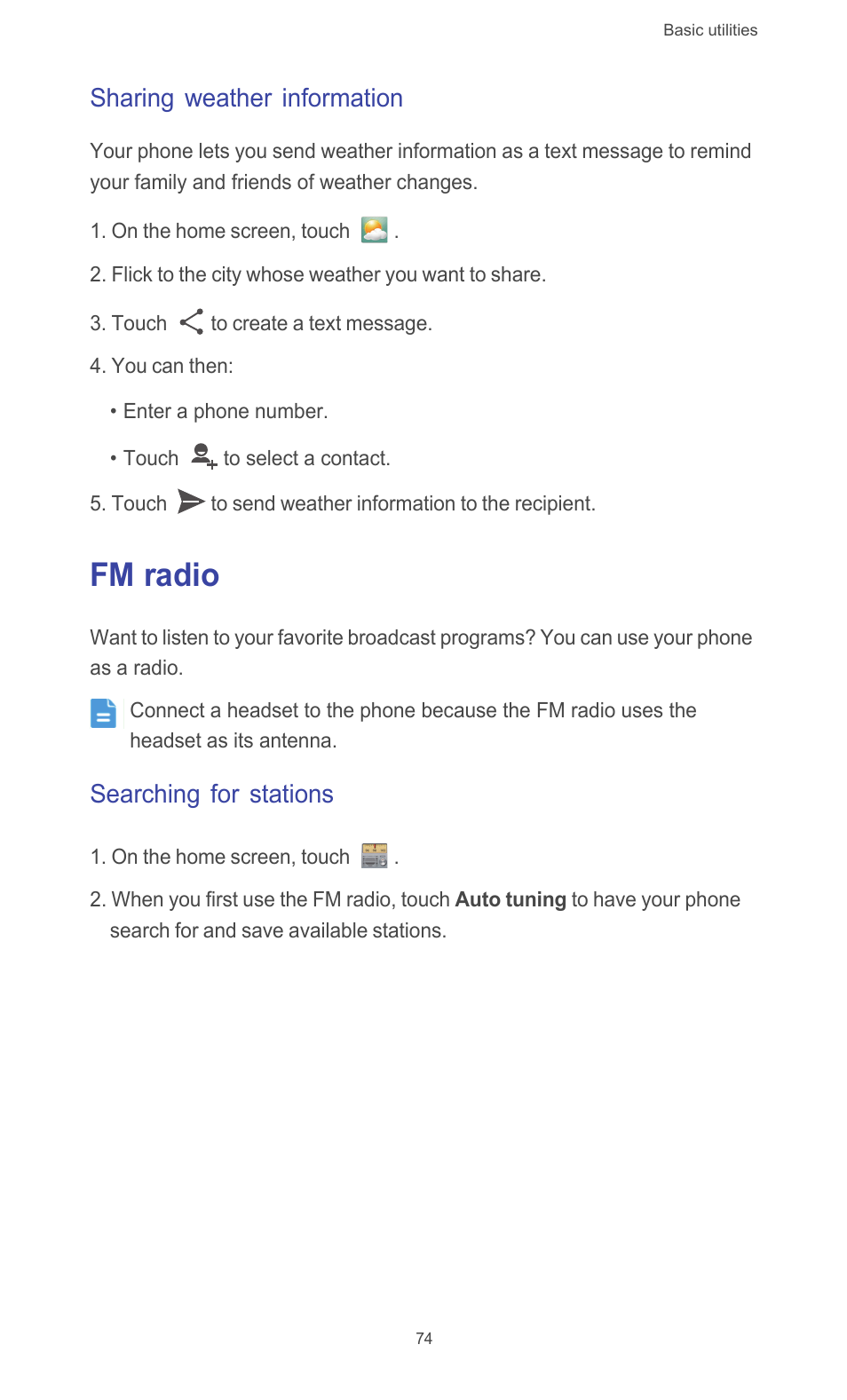 Sharing weather information, Fm radio, Searching for stations | Huawei Ascend G510 User Guide User Manual | Page 79 / 93
