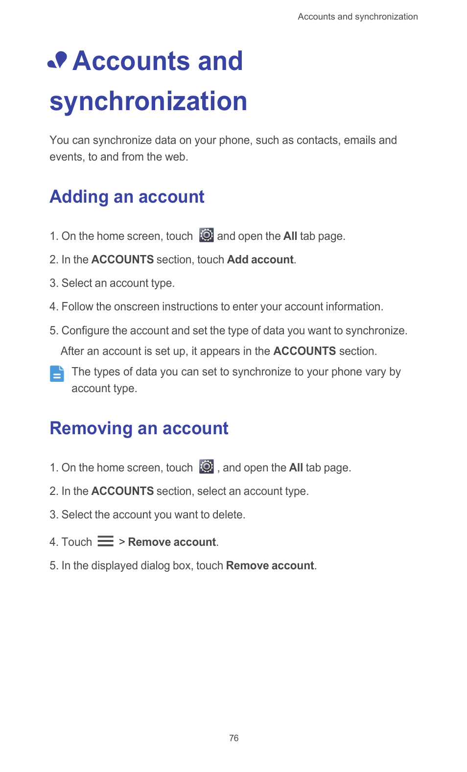 Accounts and synchronization, Adding an account, Removing an account | Adding an account removing an account | Huawei Ascend G510 User Guide User Manual | Page 81 / 93