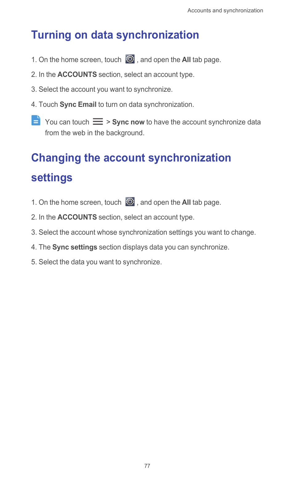 Turning on data synchronization, Changing the account synchronization settings | Huawei Ascend G510 User Guide User Manual | Page 82 / 93