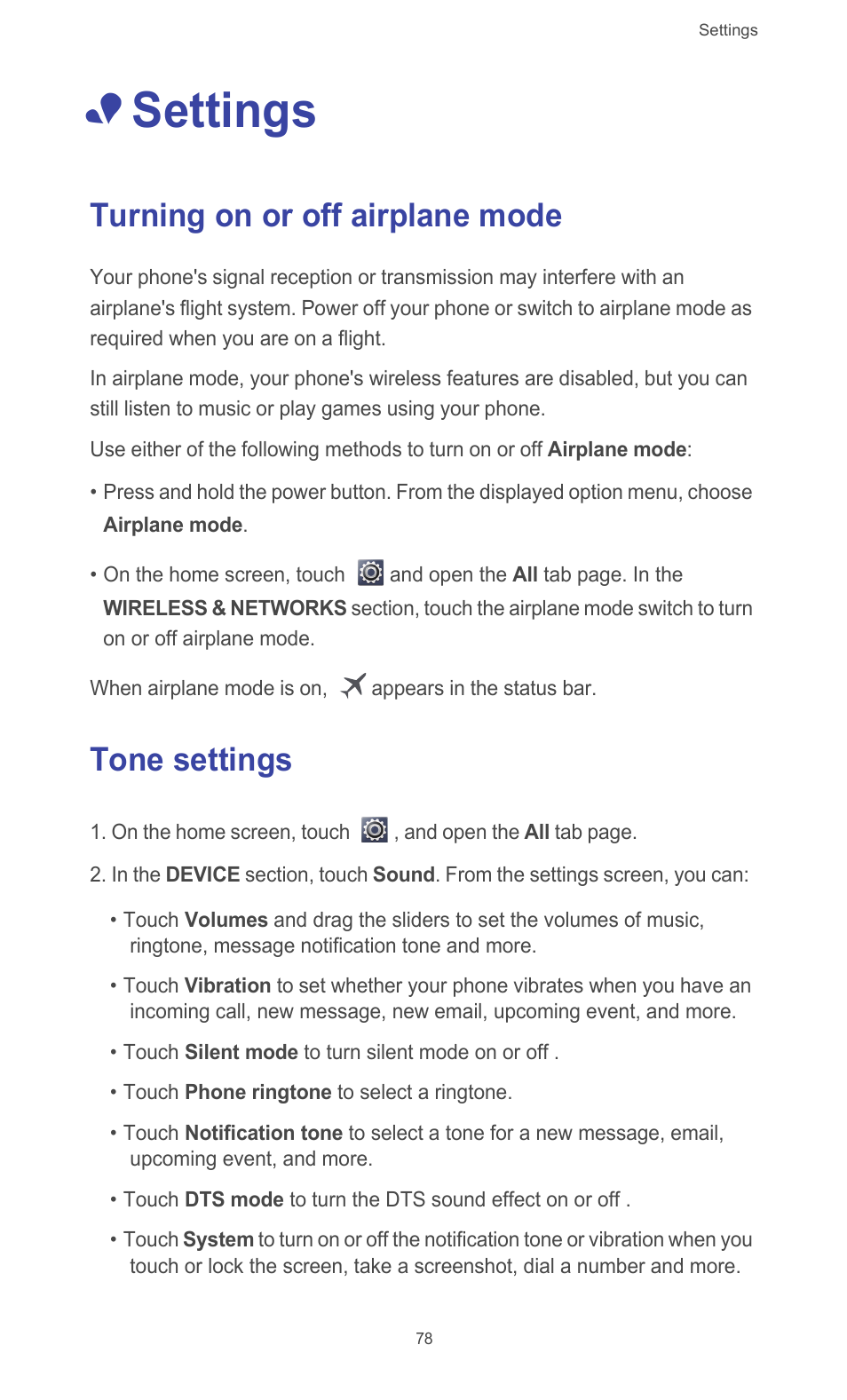 Settings, Turning on or off airplane mode, Tone settings | Turning on or off airplane mode tone settings | Huawei Ascend G510 User Guide User Manual | Page 83 / 93