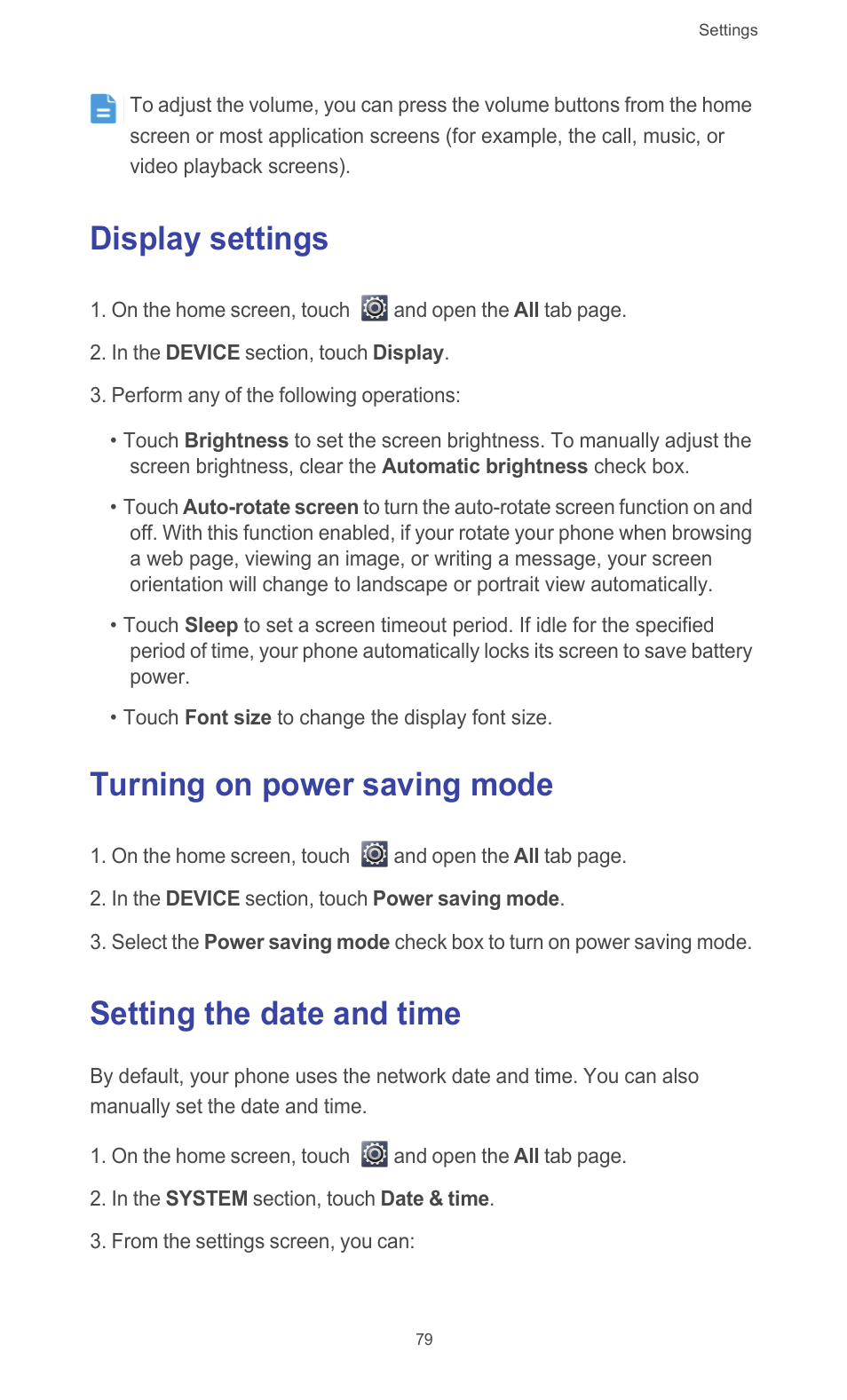 Display settings, Turning on power saving mode, Setting the date and time | Huawei Ascend G510 User Guide User Manual | Page 84 / 93