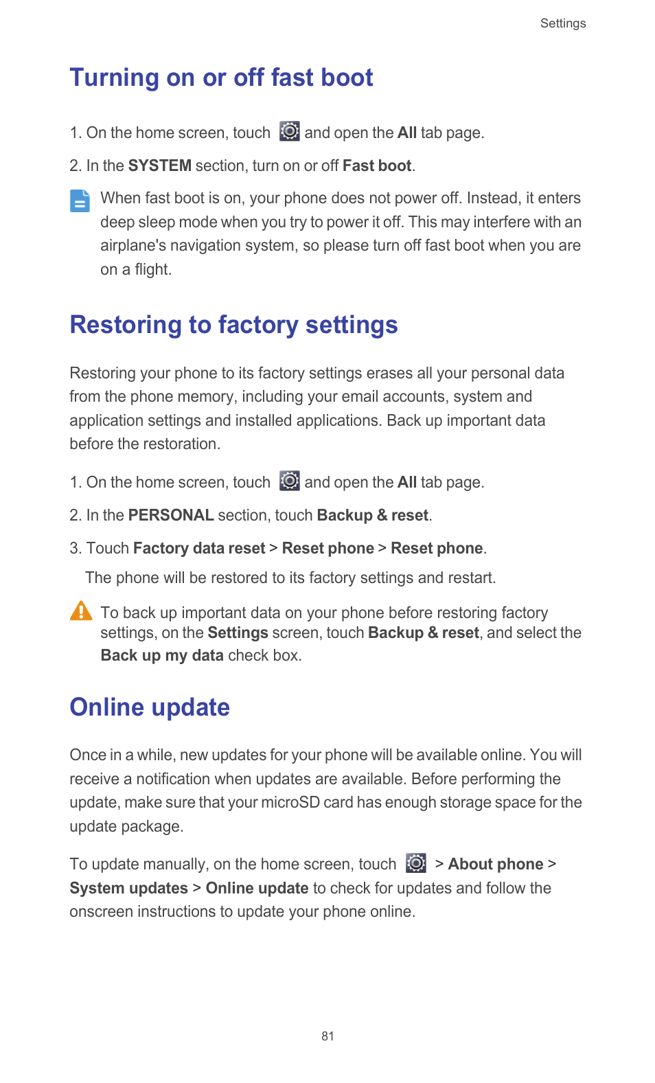 Turning on or off fast boot, Restoring to factory settings, Online update | Huawei Ascend G510 User Guide User Manual | Page 86 / 93