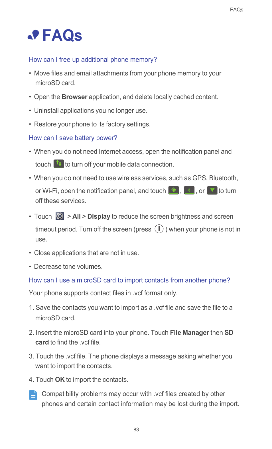 Faqs, How can i free up additional phone memory, How can i save battery power | Huawei Ascend G510 User Guide User Manual | Page 88 / 93