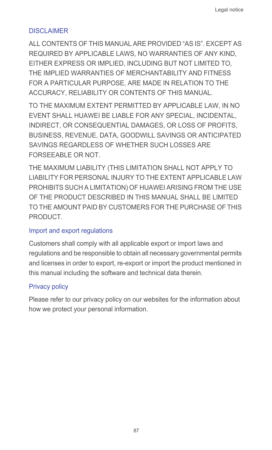 Disclaimer, Import and export regulations, Privacy policy | Huawei Ascend G510 User Guide User Manual | Page 92 / 93