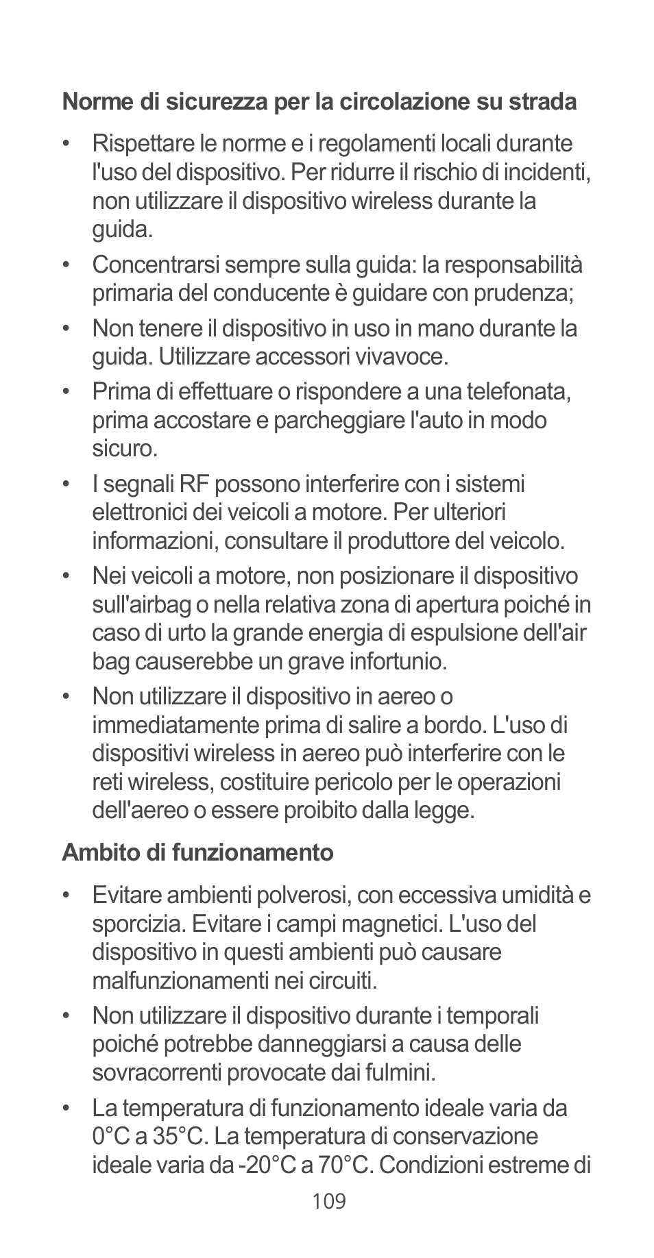 Norme di sicurezza per la circolazione su strada, Ambito di funzionamento | Huawei Ascend G525 User Manual | Page 109 / 168