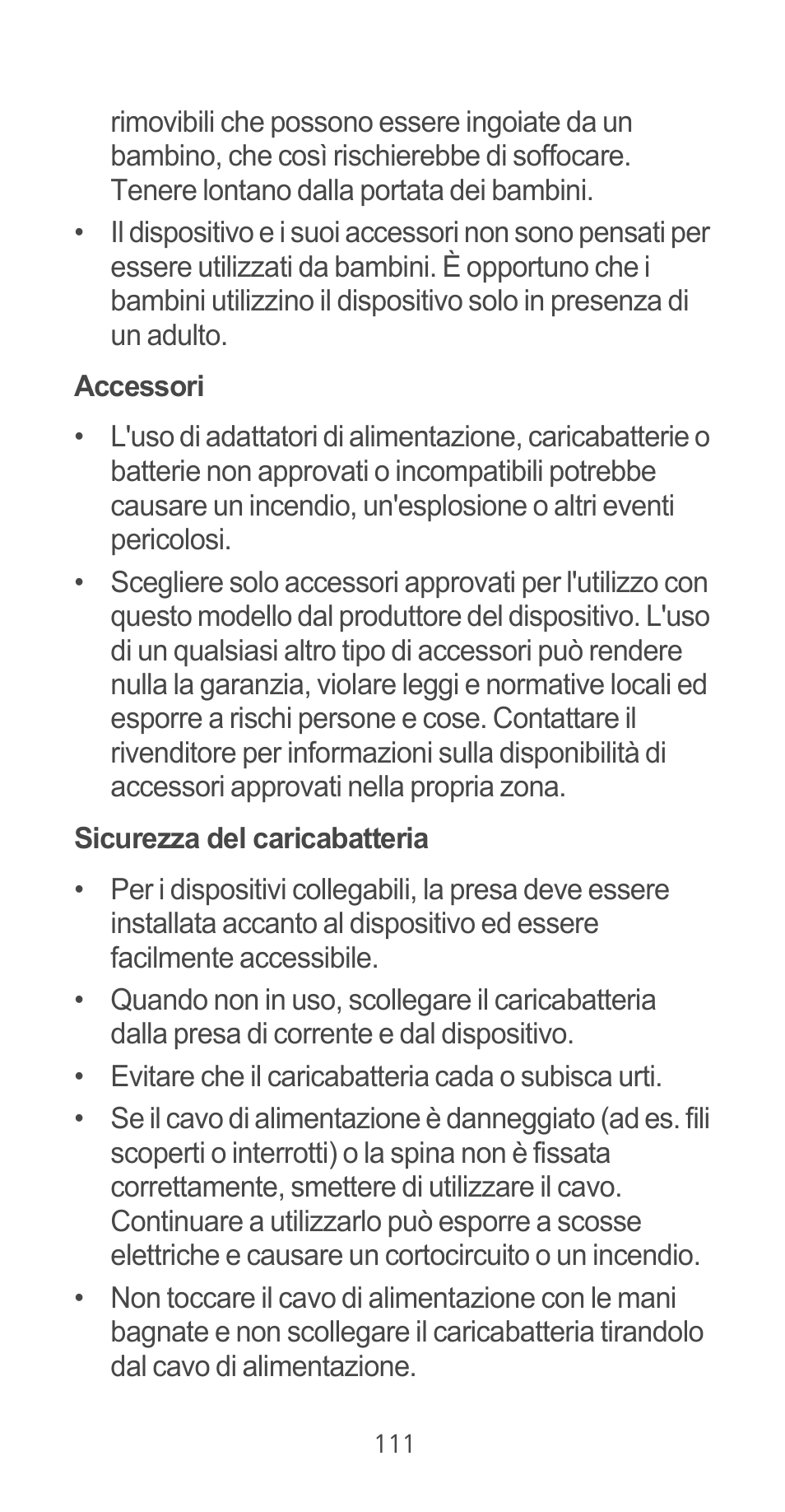 Accessori, Sicurezza del caricabatteria | Huawei Ascend G525 User Manual | Page 111 / 168