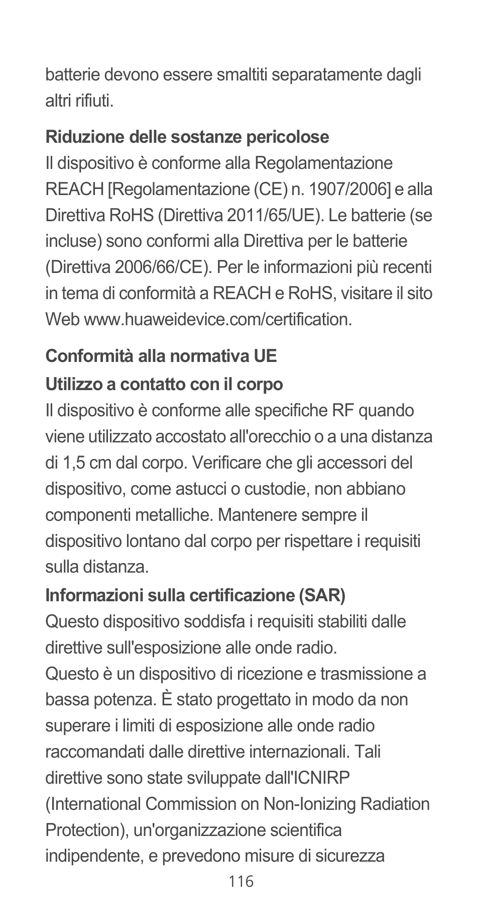 Riduzione delle sostanze pericolose, Conformità alla normativa ue | Huawei Ascend G525 User Manual | Page 116 / 168