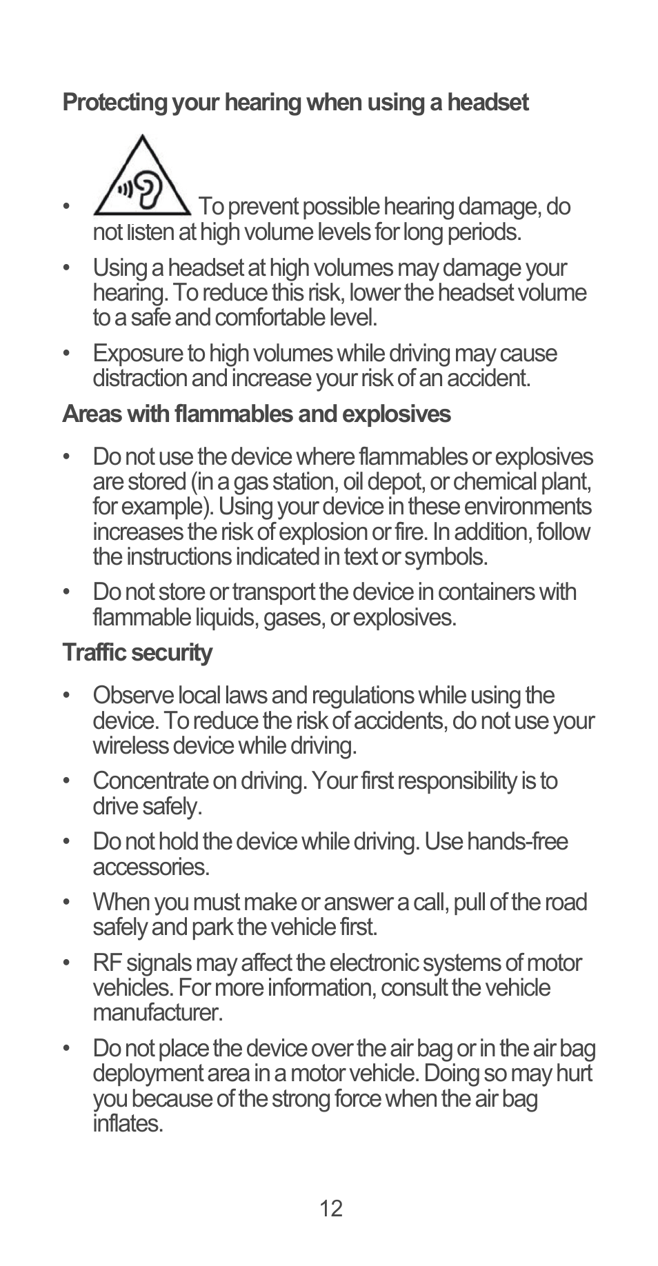 Protecting your hearing when using a headset, Areas with flammables and explosives, Traffic security | Huawei Ascend G525 User Manual | Page 12 / 168