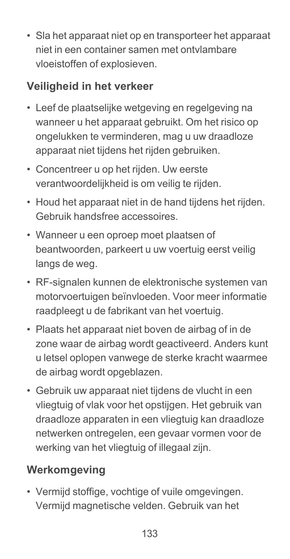 Veiligheid in het verkeer, Werkomgeving | Huawei Ascend G525 User Manual | Page 133 / 168