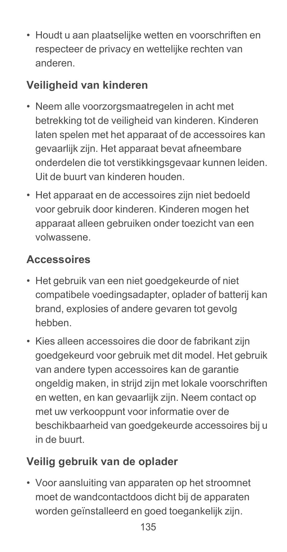 Veiligheid van kinderen, Accessoires, Veilig gebruik van de oplader | Huawei Ascend G525 User Manual | Page 135 / 168